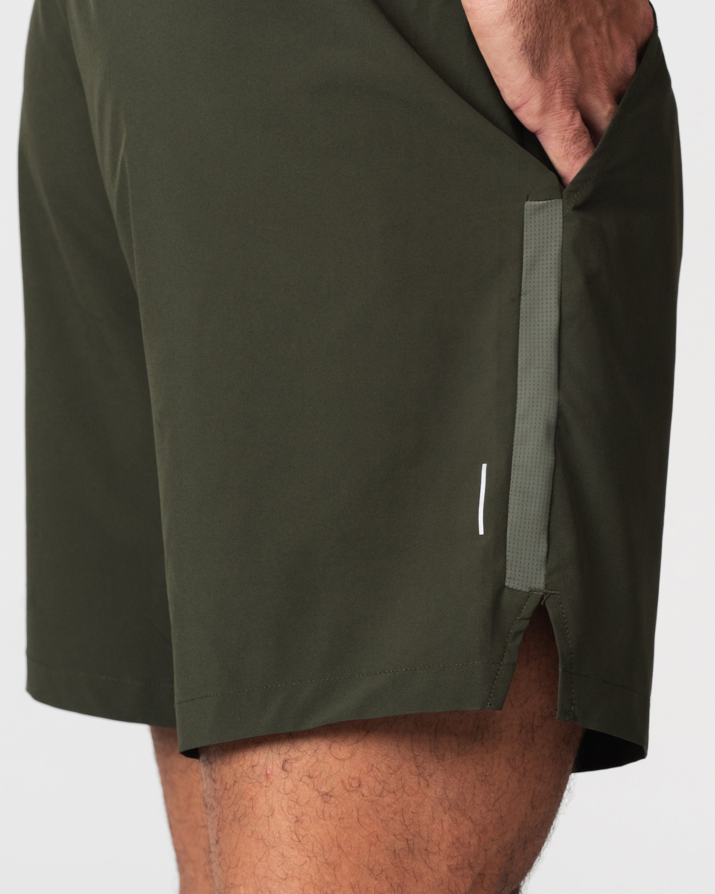 SRG Short in green, close-up of zip pocket