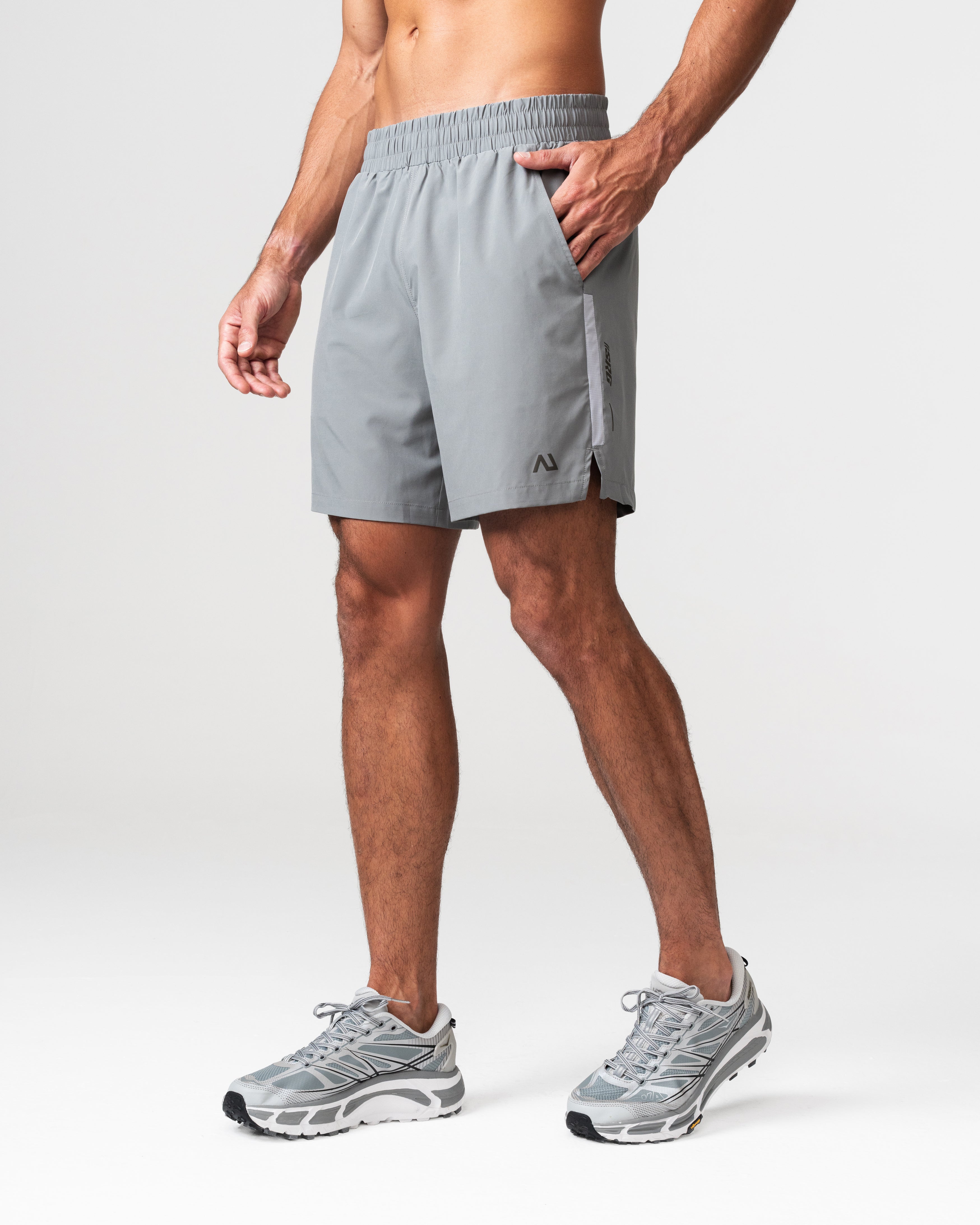 SRG Short in grey, front view on model