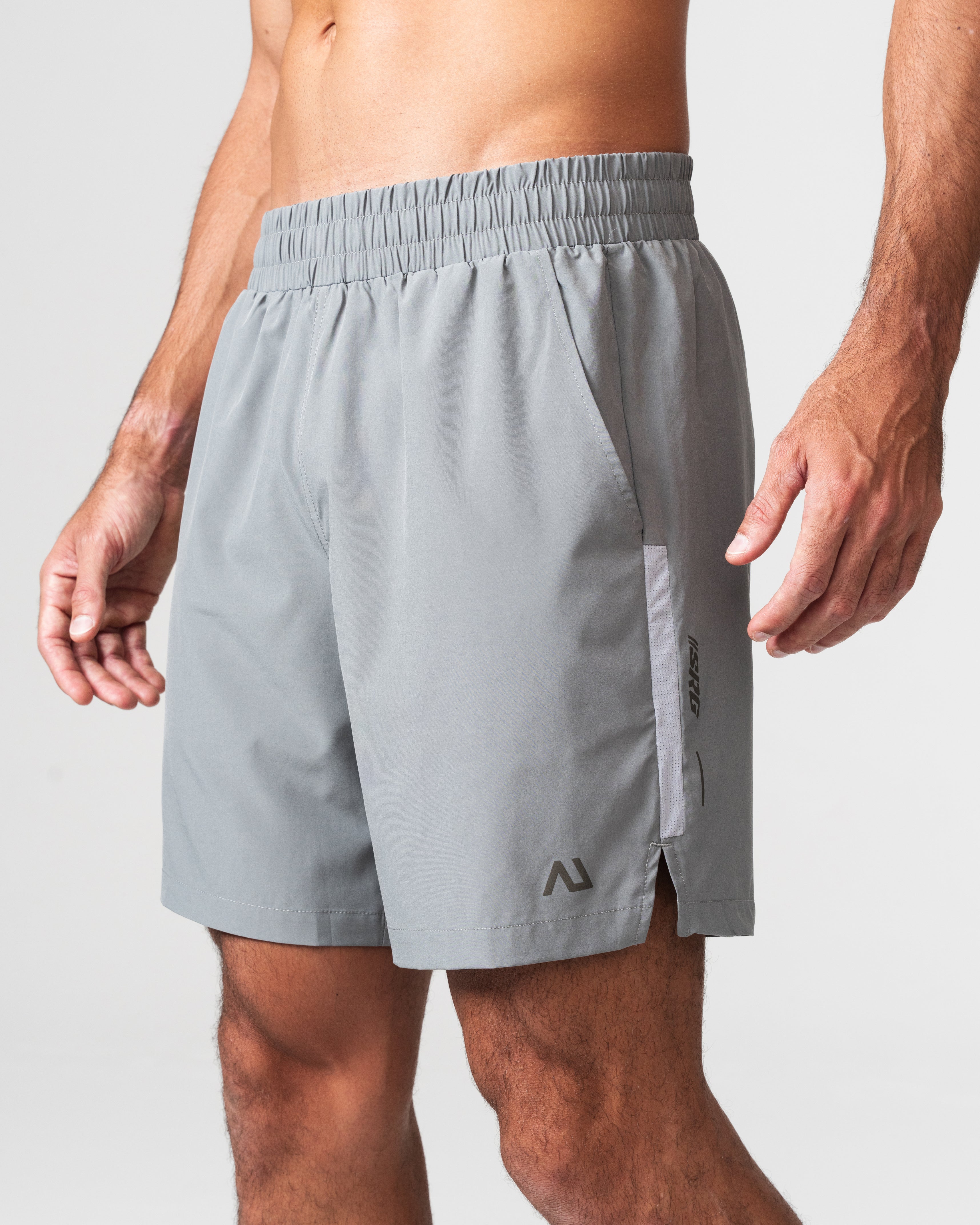 SRG Short in grey, side view on model