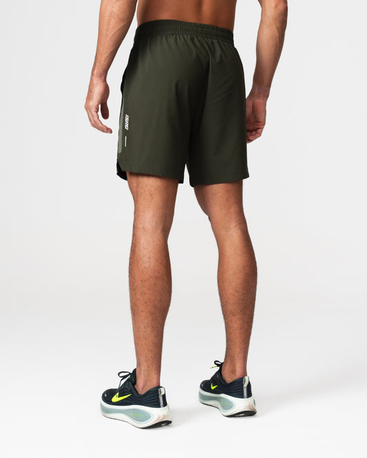 SRG Short in green, back view on model