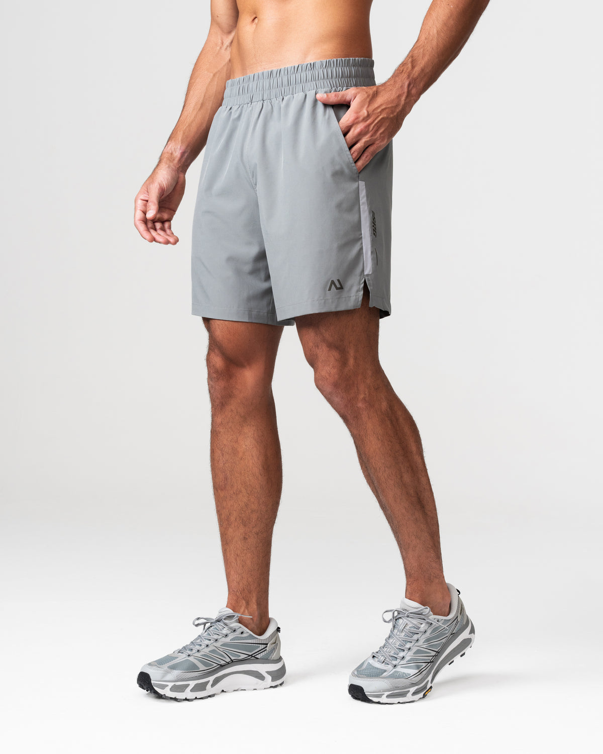 SRG Short in grey, front view on model