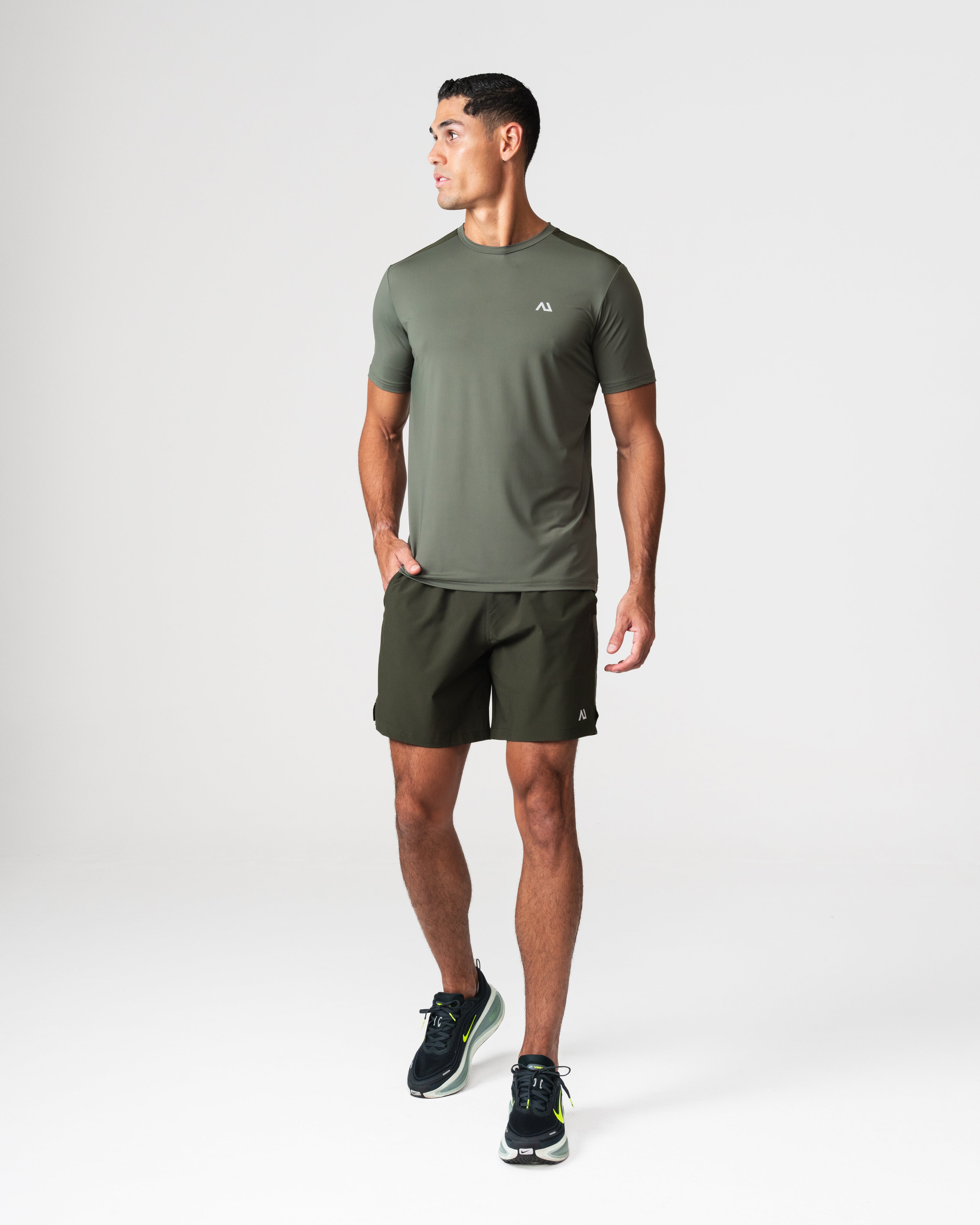 SRG T-Shirt in green, full body view on model